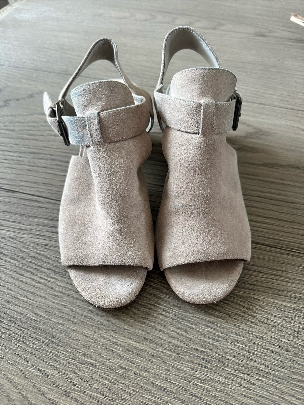 Nine West Taupe Suede Open Toe Slingback Sandals Block Heel